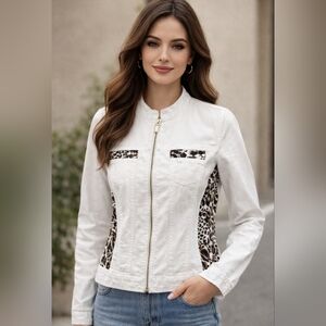 Chico's White Jean Jacket with Leopard Print